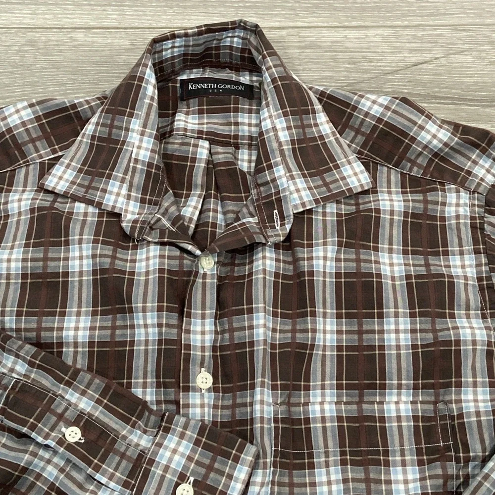 Vintage Kenneth Gordon Plaid‎ Button Down Shirt Men Size M Brown Blue USA Made